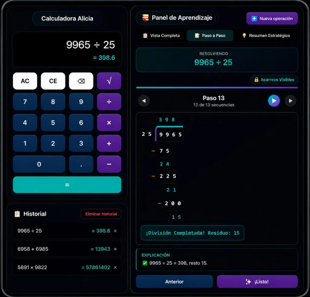 Calculadora de división con pasos mostrando división larga de 9965 entre 25, residuo y explicación visual en Alice Calculadora.