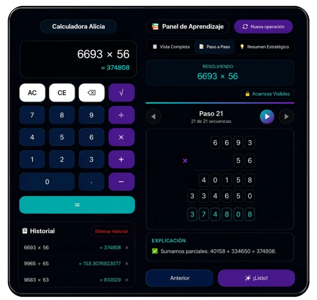 Calculadora de multiplicación con pasos de Alicia mostrando productos parciales, acarreos visibles y explicación paso a paso.