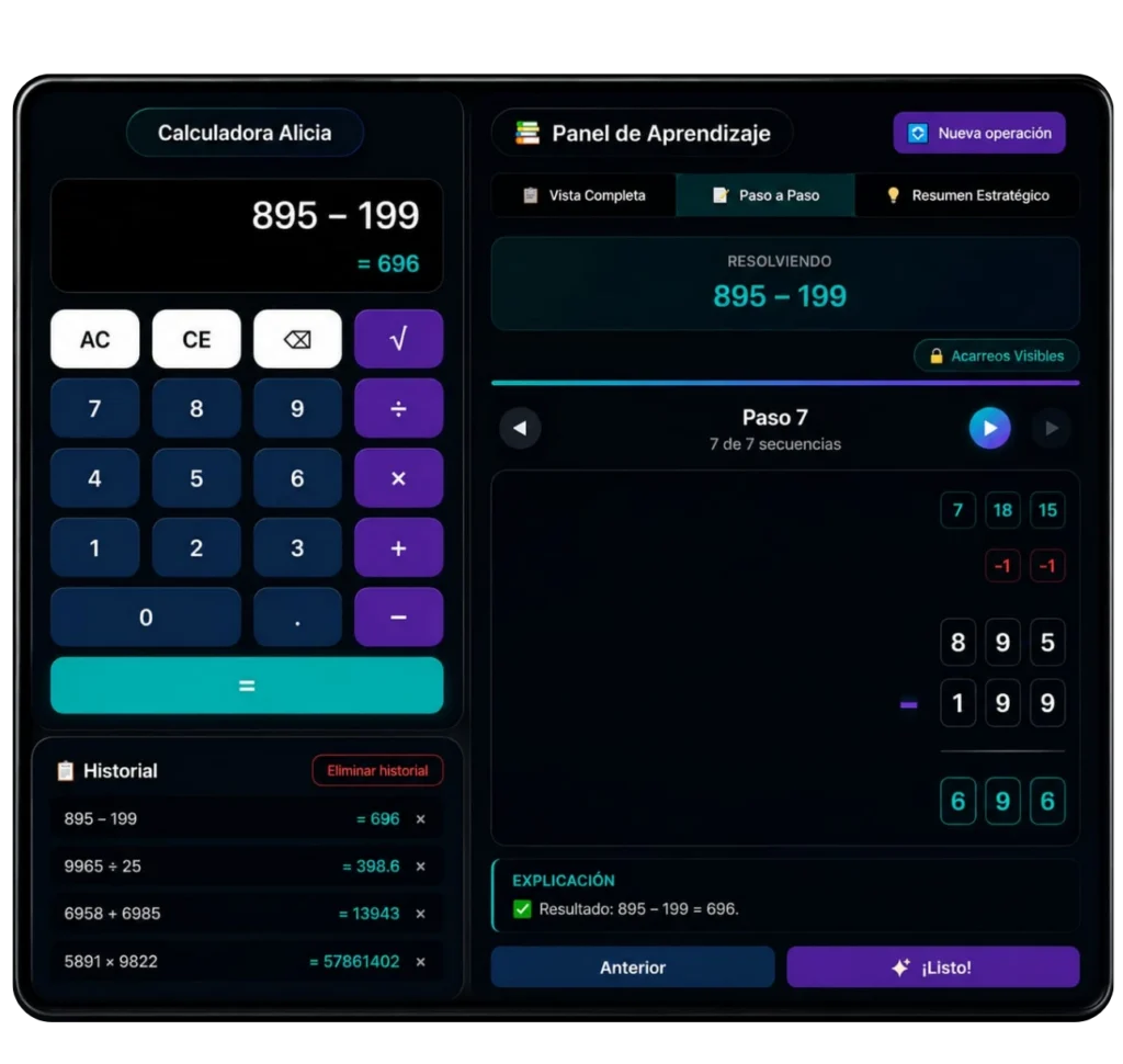 Calculadora de resta con pasos de Alice mostrando préstamos visibles, reagrupación y explicación detallada de una resta paso a paso.